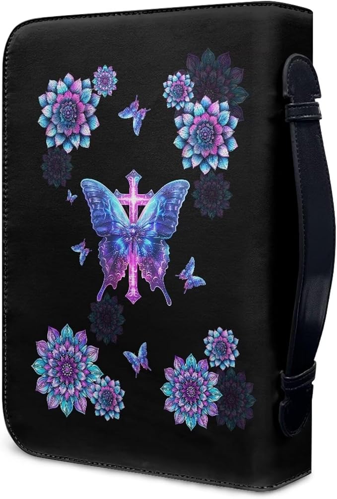 Lotusorchid Mandala Flower Butterfly Bible Covers for Women, God is within Her, She Will Not Fall, Cross Printed Bible Case Large Size Bible Bag with Pockets Bible Carrying Church Bag Bible Case