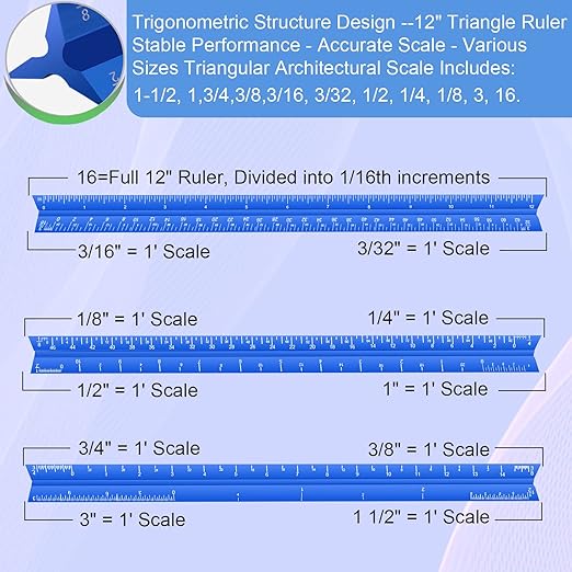 Architectural Scale Ruler, 12'' Imperial Architect Scale, Engineer Scale Ruler for Blueprints, Aluminum Triangle Drafting Ruler (Blue)