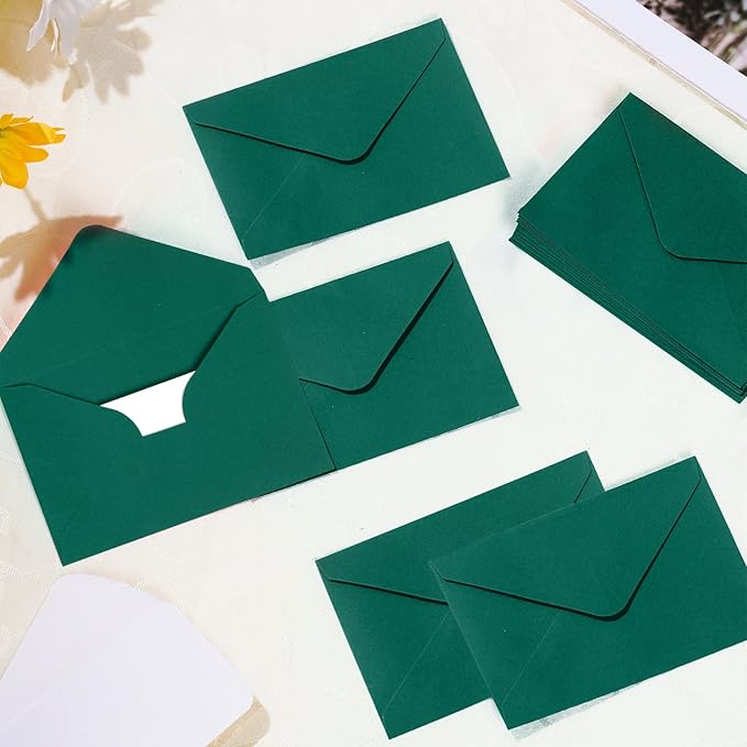 jiebor 100 Sets Small Green Envelopes with Small Blank Gift Business Card Wedding Invitation Pocket Envelopes for Graduations Wedding Shower Holiday 4.37 x 2.91 Inch