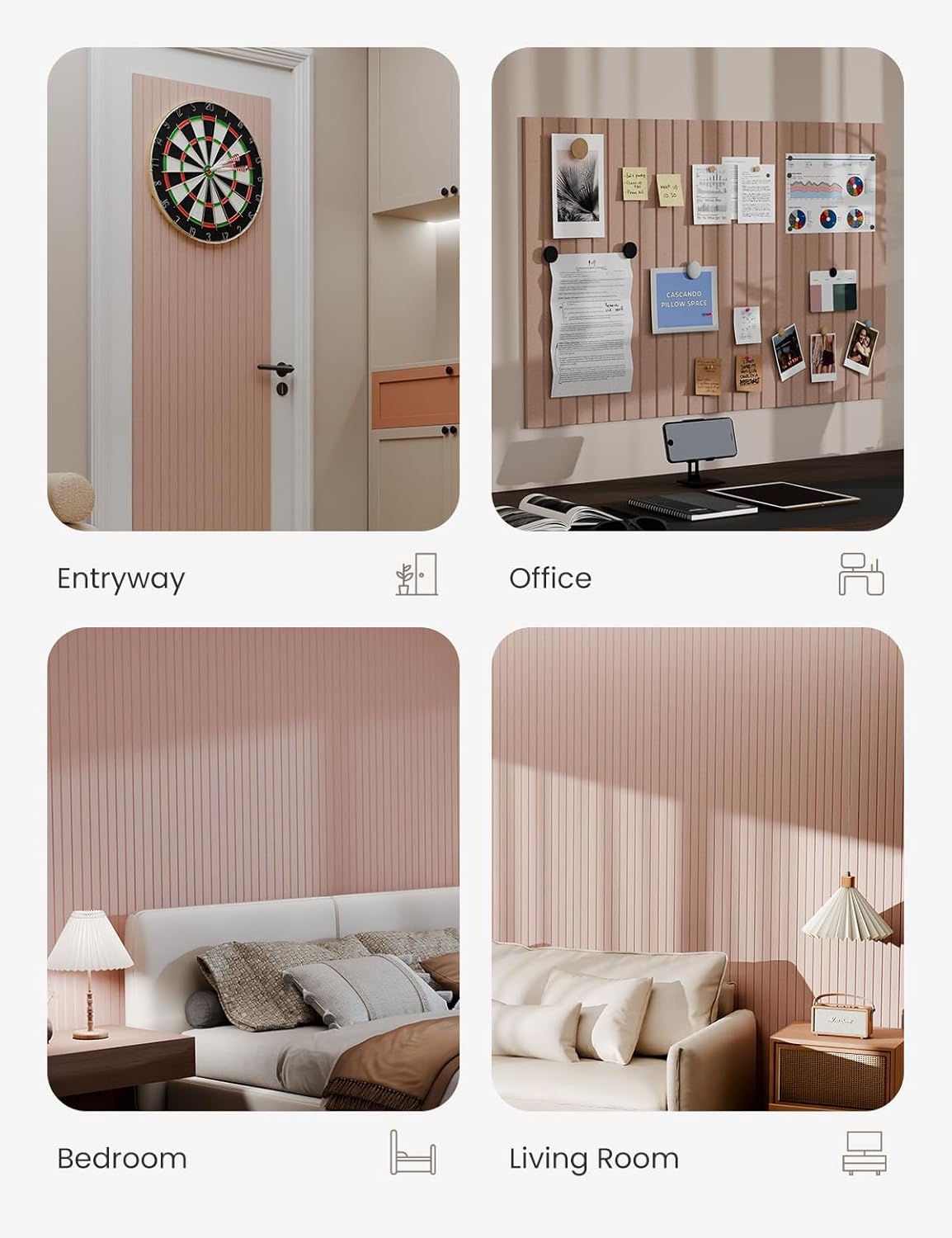 Bumusty Large Cork Board Alternative-36 x24 Felt Bulletin Board Tiles, with 30 Pushpins, 40 Adhesive Tabs, 6-Pack Slat Wall Paneling, Cork Boards for Office Push Pin Board Felt Board-Coral