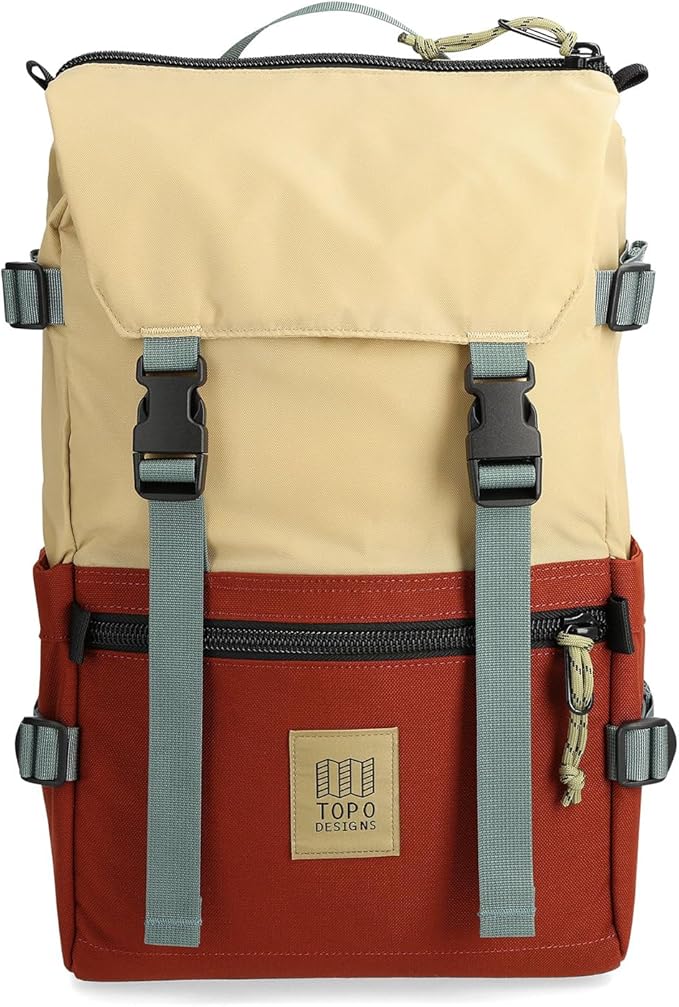 Topo Designs Rover Pack Classic - Daily Daypack for Commutes, Day Trips, Hikes, Iconic Denver Design, Recycled Nylon (Sahara/Fire Brick)