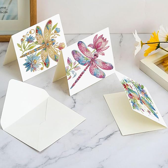 Tontut 6pcs Diamond Art Painting Kit Greeting Card, Colourful Dragonfly 5D DIY Diamond Handmade Holiday Glitter Greeting Card with Envelope, Holiday Gift Congratulation