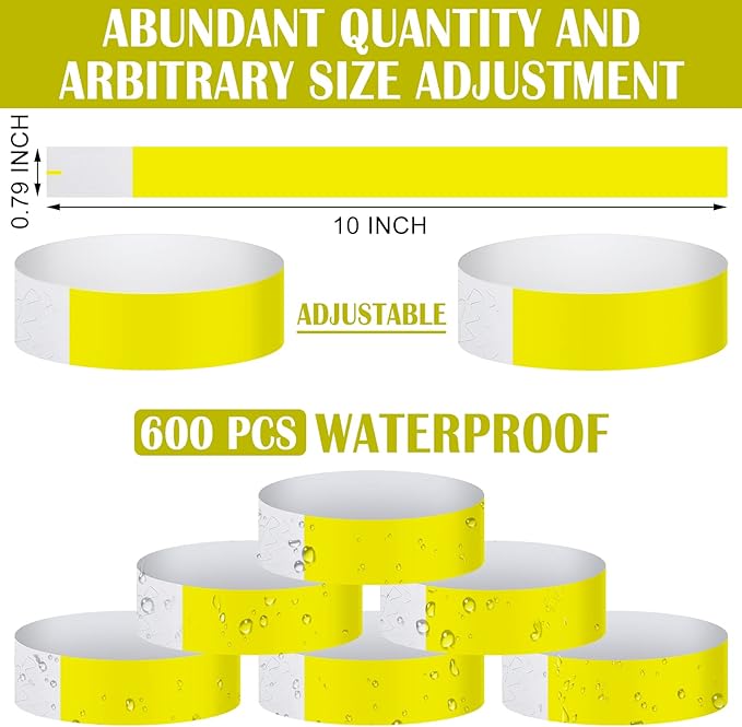 600 Packs Paper Wristbands for Events Neon Party Wristbands Colored Waterproof Paper Club Arm Bands Lightweight Identification for Concert Bar Entrance Admission(Yellow)