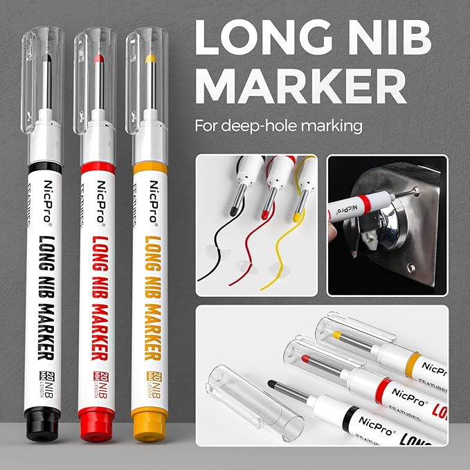 Nicpro 2 Pack CP1000 Carpenter Pencil with Sharpener, Mechanical Carpenter Pencils with 26 Refills, Deep Hole Long Nib Marker Pens for Construction, Heavy Duty Woodworking Pencil for Architect Marking