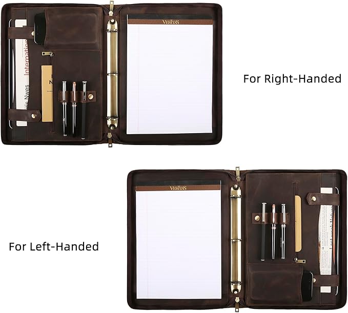 Portfolio Binder 3 Ring, Leather Binder Portfolio Folder for Left-Handed, Zippered Portfolio Padfolio Binder for Women, Leather Portfolio Organizer for Men (Dark Khaki, Non-Custom)
