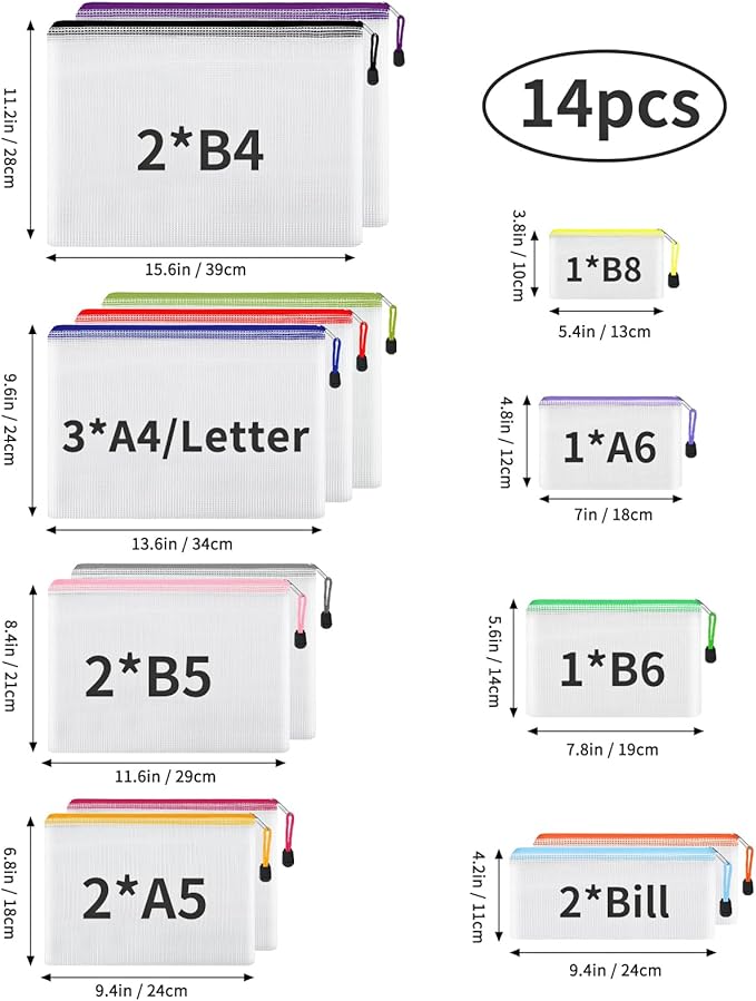 EOOUT 14pcs Zipper Pouches for Organizing, Mesh Zipper Pouch Bags, 8 Sizes 14 Colors Waterproof Mesh Bags with Zipper, for Travel Storage, School Supplies, Office Appliances and Home Organize