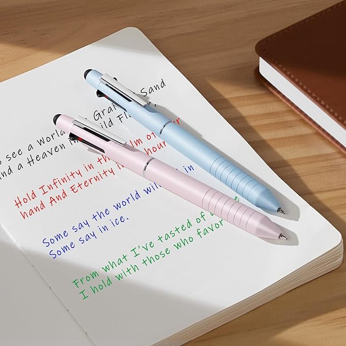 Sooez Multicolor Pen in One, Sleek Metallic 4 Color Ballpoint Pens, Medium Point (1.0mm), Retractable Ball Pen with Stylus Tip, Journaling Planner Pens for Nursing School Office Supplies, 3 Pack, Blue