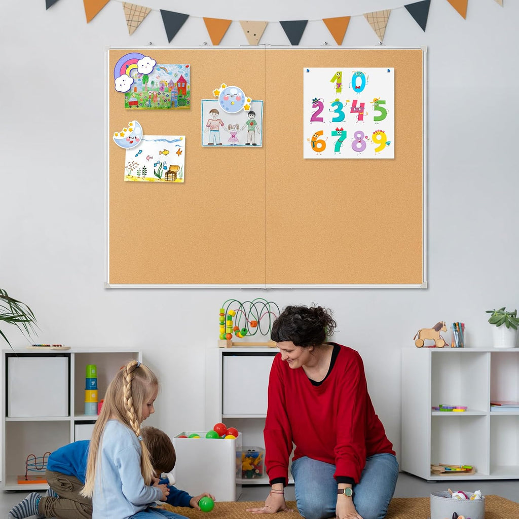 Double-Sided Large Cork Board, 60" x 36" Foldable Hanging Aluminum Framed Bulletin Board, Vision Board Pin Board Corkboards for Walls, Office, School Decor, 20 Pushpins