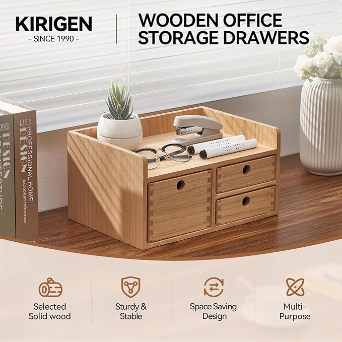KIRIGEN Desk Organizer with 3 Drawers - Wood Drawer Storage Box with Trays for Tabletop - Workspace Office Toiletries Supplies Tool Caddy - Wooden Storage Cabinet Natural（DT1D3C-NA）