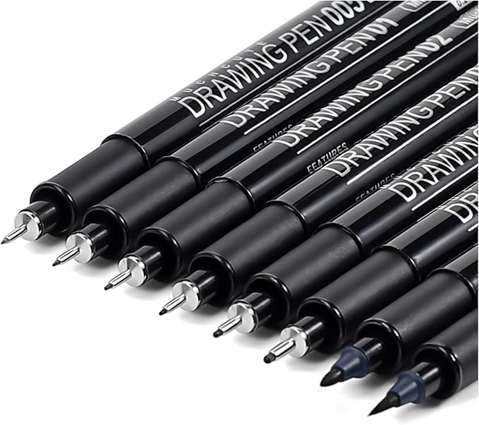 Muchcute Micro Fineliner Drawing Art Pens: 8 Black Fine Line Waterproof Ink Set Artist Supplies Archival Inking Markers Liner Professional Sketch Outline Crafts Sketching Watercolor Zentangle Stuff