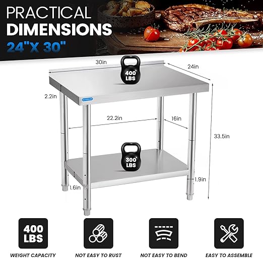 Stainless Steel Table for Prep & Work with Backsplash 24 x 30 Inches NSF Metal Commercial Kitchen Adjustable Under Shelf Worktable for Restaurant Home Outdoor