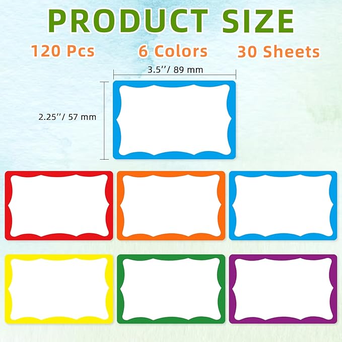 Removable Name Tags, 3 1/2" x 2 1/4", White with Colorful Border, 120 Waterproof Name Badges for Office,School,Classroom and Home