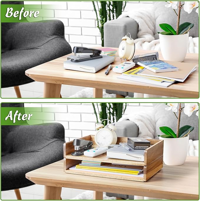 DRASTAR Stackable Paper Tray, Acacia Wooden Letter Tray, Paper Organizer for Desk, File Organizer Document Tray, Paper Holder for Office Desk Accessories