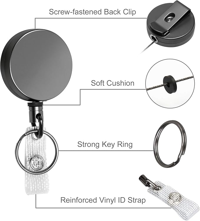 Will Well ID Badge Holder Reel with Clip and Keyring - Heavy-Duty All-Metal Casing with 27.5" UHMWPE Fiber Pull Cord for Durability and Easy Access, Holds up to 8 Keys - 4-Pack, Round, Glossy Black