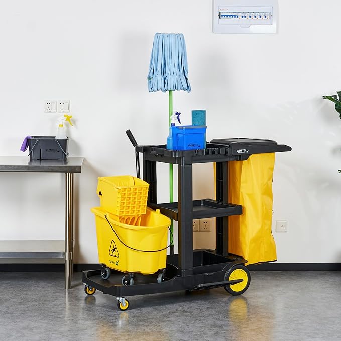 Restaurantware-Clean Tek Professional Janitor Cart with Wheels, 1 Cleaning Trolley with Cover and 21 Gallon Bag - 3 Shelves, Heavy-Duty, Gray Plastic Commercial Janitorial Cart, for Restaurants