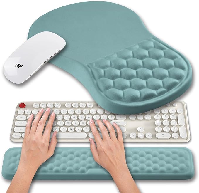 Hokafenle 2 in 1 Ergonomic Mouse Pad Wrist Support & Wrist Rest for Computer Keyboard Set, with Relieve Carpal Tunnel Pain Massage Bulge and Full Memory Gel Design (2In1 Set, Light Blue)