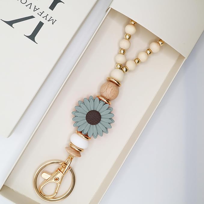 Wooden Teacher Lanyards for Id Badge Cute Flower Wood and Gold Beaded Lanyards for Women for Nurse Badge