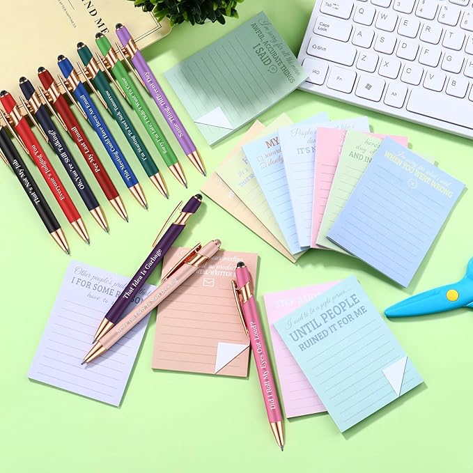 Snarky Funny Office Notepads Pens,24 Pcs Negative Sarcastic Hilarious Quotes Work Ballpoint Pens with Stylus Tip Sticky Notes for Colleague Co-workers Gift