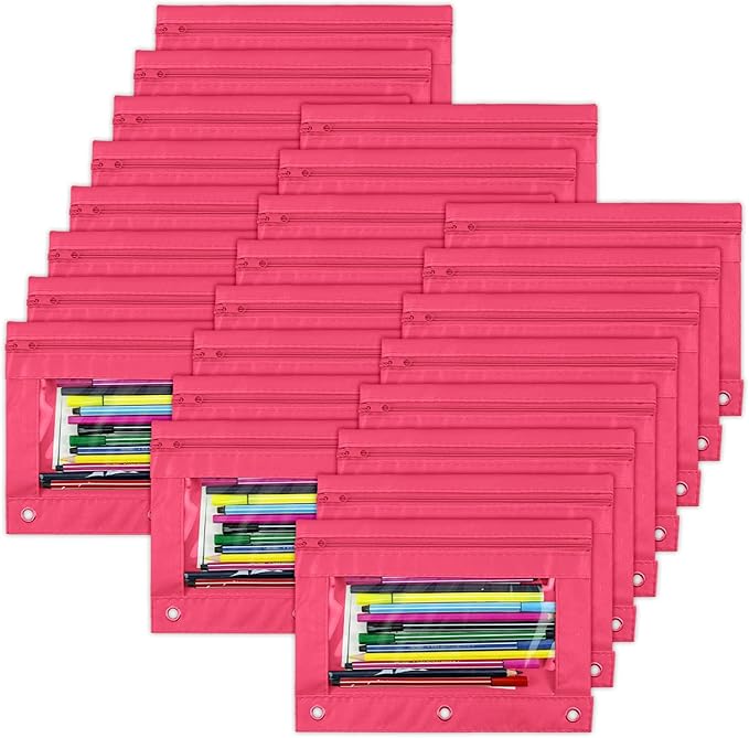 YoeeJob Pencil Pouch for 3 Ring Binder, Zipper Pencil Pouches Bulk, Pencil Case Pouch with Clear Window for Class, School, Office, Pink, 24 Packs