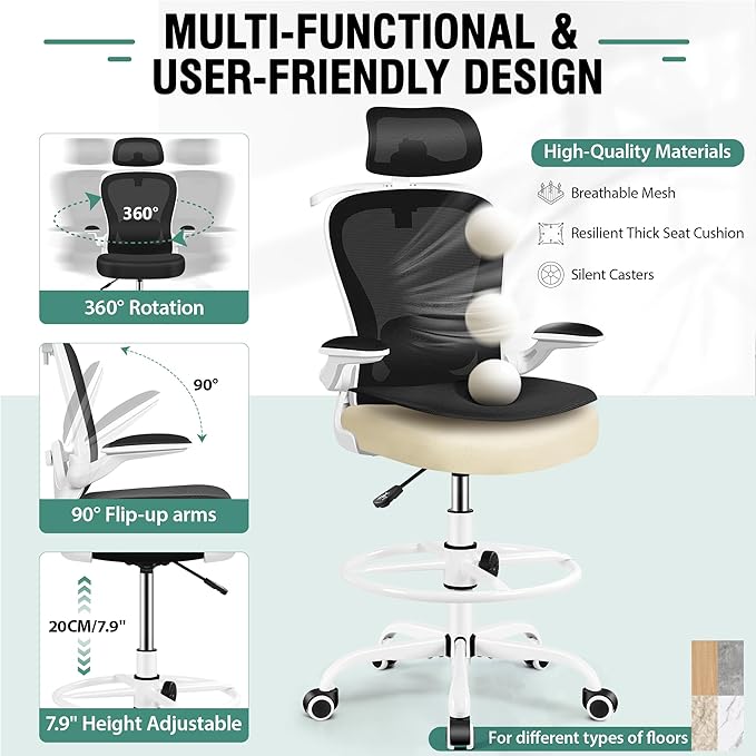 Drafting Chair, Tall Office Chair with 3D Lumbar & Head Support, Ergonomic Mesh Standing Desk Chair with Footring, Comfy Extended High Desk Chair with Flip-Up Arms & Hanger(White)