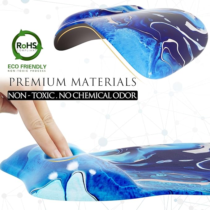 MROCO Ergonomic Mouse Pad with Gel Wrist Rest, Comfortable Mousepad with Smooth Wrist Support Surface and Non-Slip PU Base for Pain Relief, Computer, Laptop, Office & Home, 9.4 x 8.1 in, Blue Waves