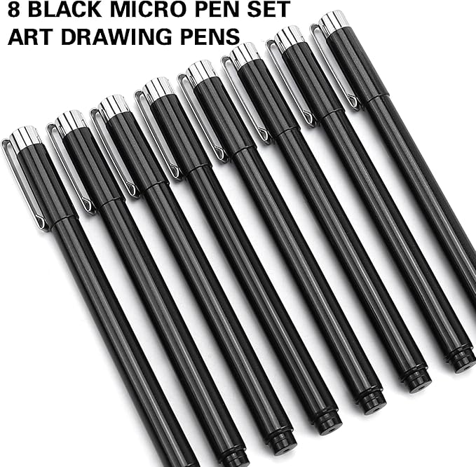 Muchcute Micro Fineliner Drawing Art Pens: 8 Black Fine Line Waterproof Ink Set Artist Supplies Archival Inking Markers Liner Professional Sketch Outline Crafts Sketching Watercolor Zentangle Stuff