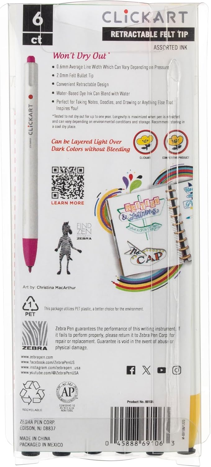 Zebra Pen ClickArt Retractable Marker Pen, Fine Point, 0.6mm, Assorted Tie-Dye Colors, 6-Pack, Model Number: 69106