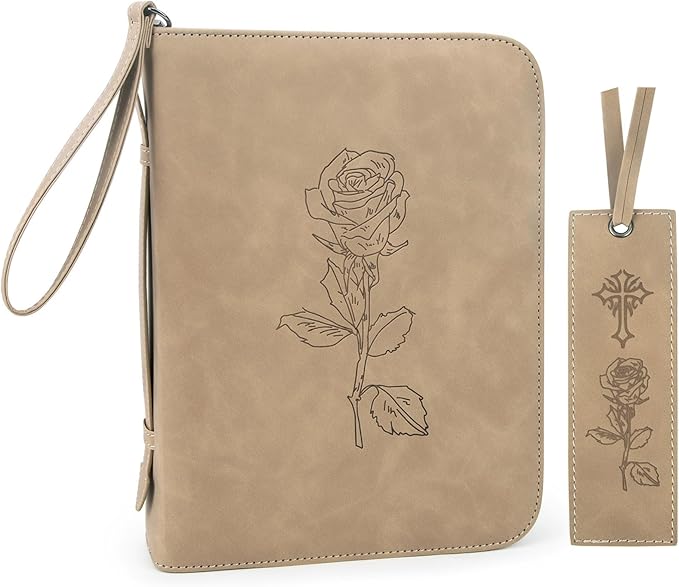 Leather Bible Cover for Woman & Men, Women’s Bible Case with Rose Bookmark for Bible Supplies-Girls Carrying Bag Tote with Strap, Personal Size Book Organizer for Journaling Bible-Khaki