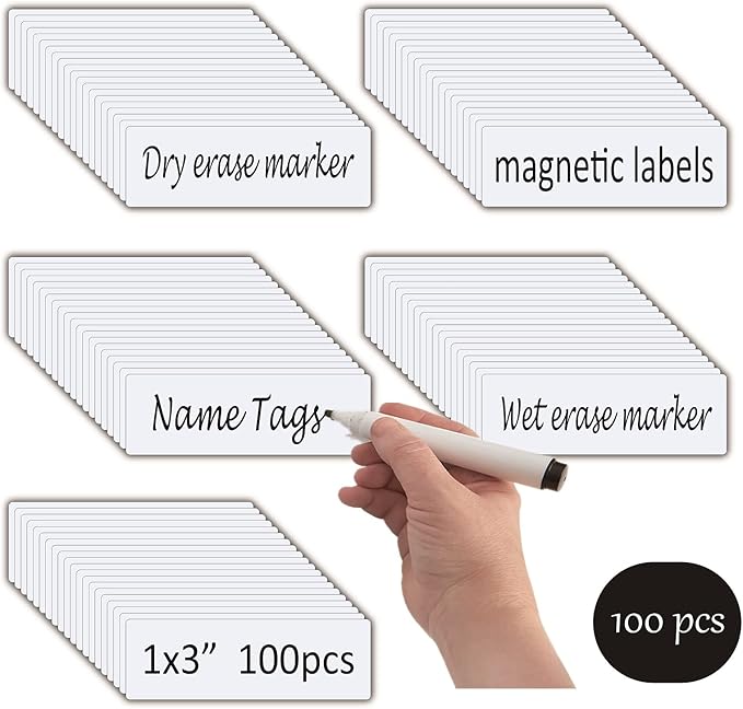 Dry Erase Magnetic Name Tags,Magnets for Classroom(1x3,Pack of 100),Write On Labels,Waterproof/Reusable for Office&File Cabinet&Whiteboard&Fridge(White)