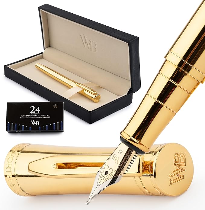 Wordsworth & Black Luxury Fountain Pen - Stunning Gold Pen, 24K Gold Finish,18K Gilded Nib (Medium), Ink Converter, Best Pen Gift Set for Men & Women, Professional, Executive, Office, Nice Pens
