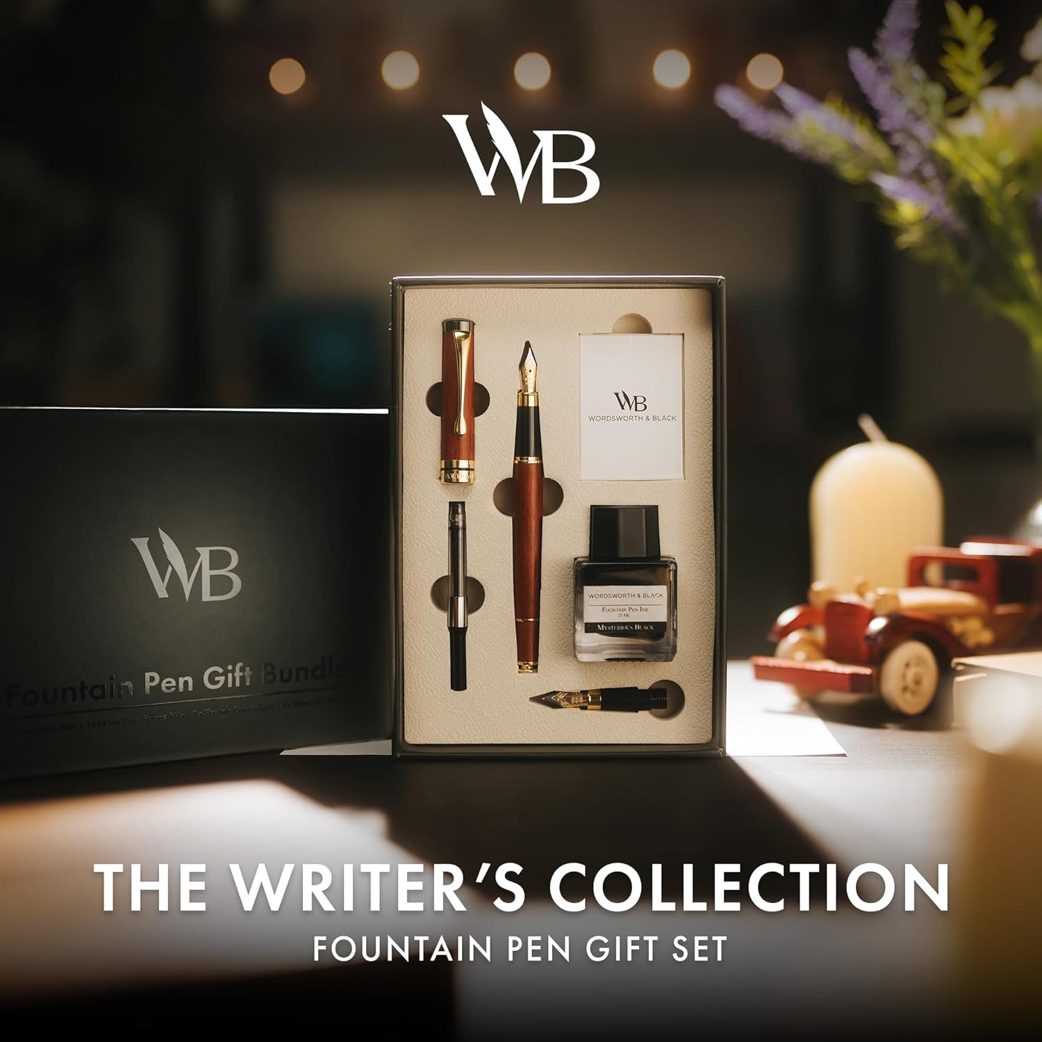 Wordsworth & Black Fountain Pen Set, Luxury Bamboo Wood - Medium Nib, Extra Fine Nib, Gift Case; 25ML Black Ink Bottle, 6 Ink Cartridges, Refill Converter - Calligraphy, Writing [Rosewood]