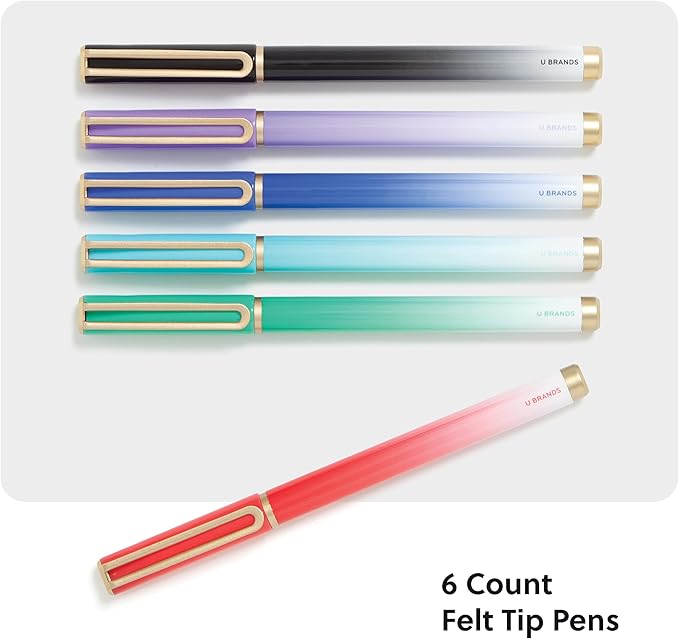 U Brands Catalina Felt Tip Pens, Set of 6, Assorted Colors with Gold Details, Medium (0.7 mm) Point, Assorted Color Ink