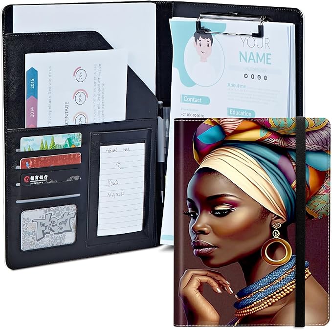 African Women Padfolio Folder with Clipboard,Portfolios Organizer Clipboards with Storage Clipboard Writing Pad PU Leather Conference Document Organizer with Business Card Holder