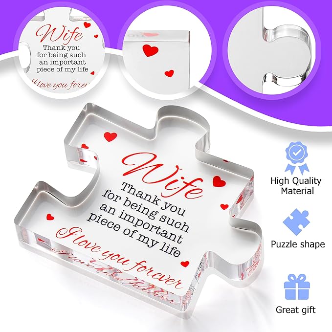 VELENTI Valentine's Gifts for Wife - Engraved Acrylic Block Puzzle Wife Gift 3.35 x 2.76 inch - Cute Wife Gifts from Husband - Novelty Birthday Paperweights, Christmas, Cool for Women