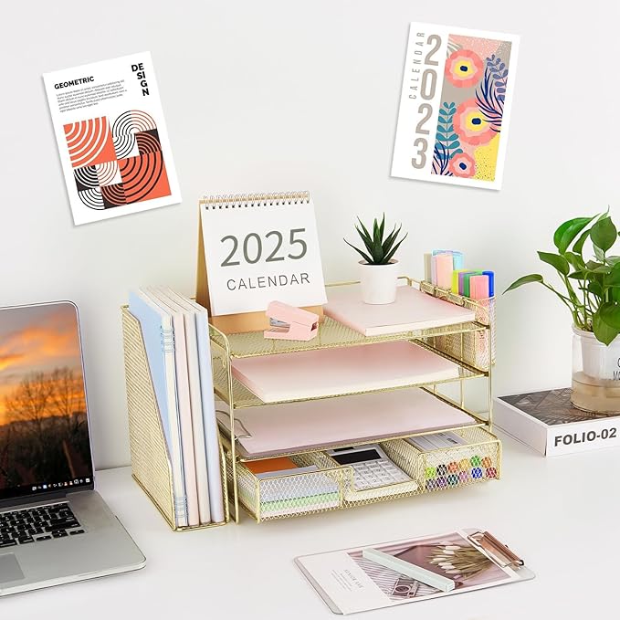 Gianotter Paper Letter Tray Organizer with File Holder, 4-Tier Desk Accessories & Workspace Organizer with Drawer and 2 Pen Holders