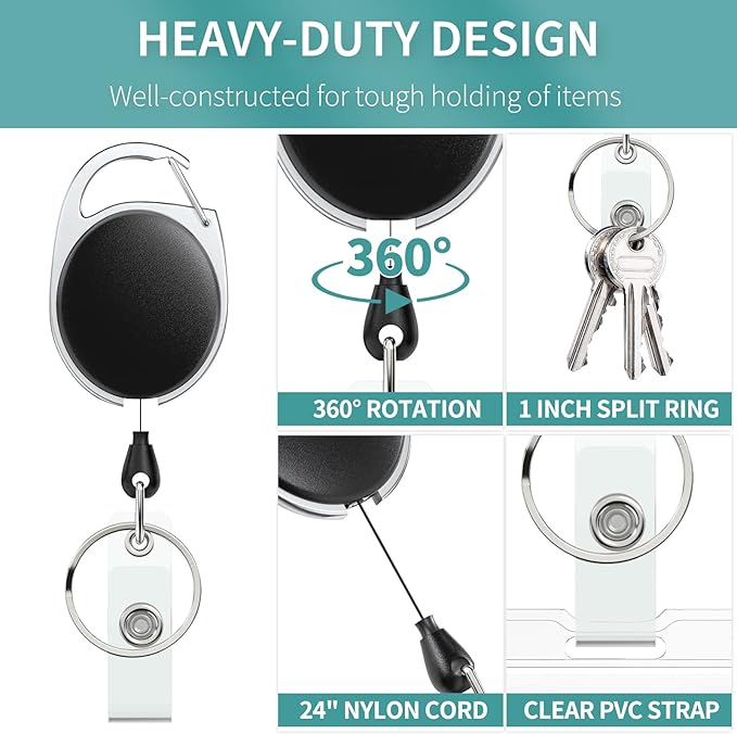 Uniclife 20 Pack Retractable Badge Reel for Badge Holder Heavy Duty Retractable Keychain Strong ABS Casing with Stainless Steel Spring Coil 24 Inch Nylon Rope Carabiner Clip and Key Ring