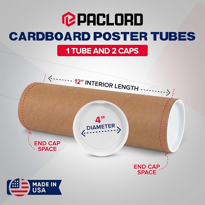 4" x 12" Reinforced Kraft Paper Mailing Tube, Pack of 1 Tube with 2 Caps – Secure USPS Approved Poster Tube – Cardboard Tube for Shipping and Storing Posters, Prints, Artwork, or Documents