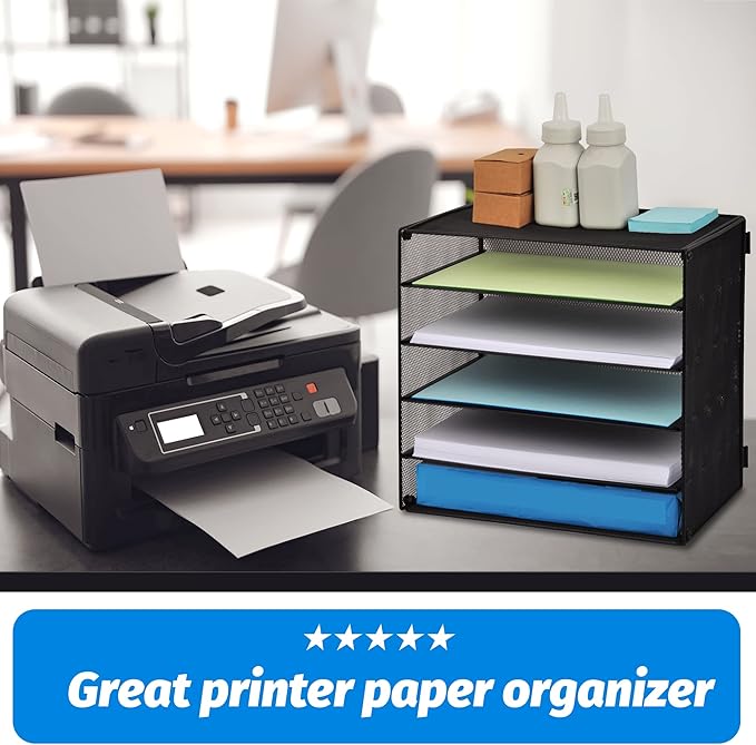 EASEPRES 5 Slot Mesh Desk Organizer Tray, File Paper Letter Folder Holder Desktop Paper Sorter Mail Organization Rack Storage Accessories, for Office Home School Classroom, Black