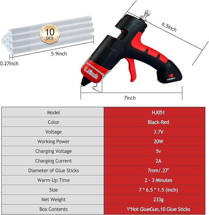 Cordless Hot Glue Gun, Fast Preheating Hot Melt Glue Gun, Mini Glue Gun Kit with 10 Premium Glue Sticks, Rechargeable Wireless Glue Gun for Art, Crafts, Home Repaire (Red)