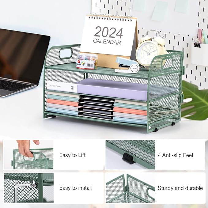 3-Tier Letter Tray Paper Organizer with Handle,Compact Mesh Desk File Organizer for Home Office Supplies Desktop Accessories,Green
