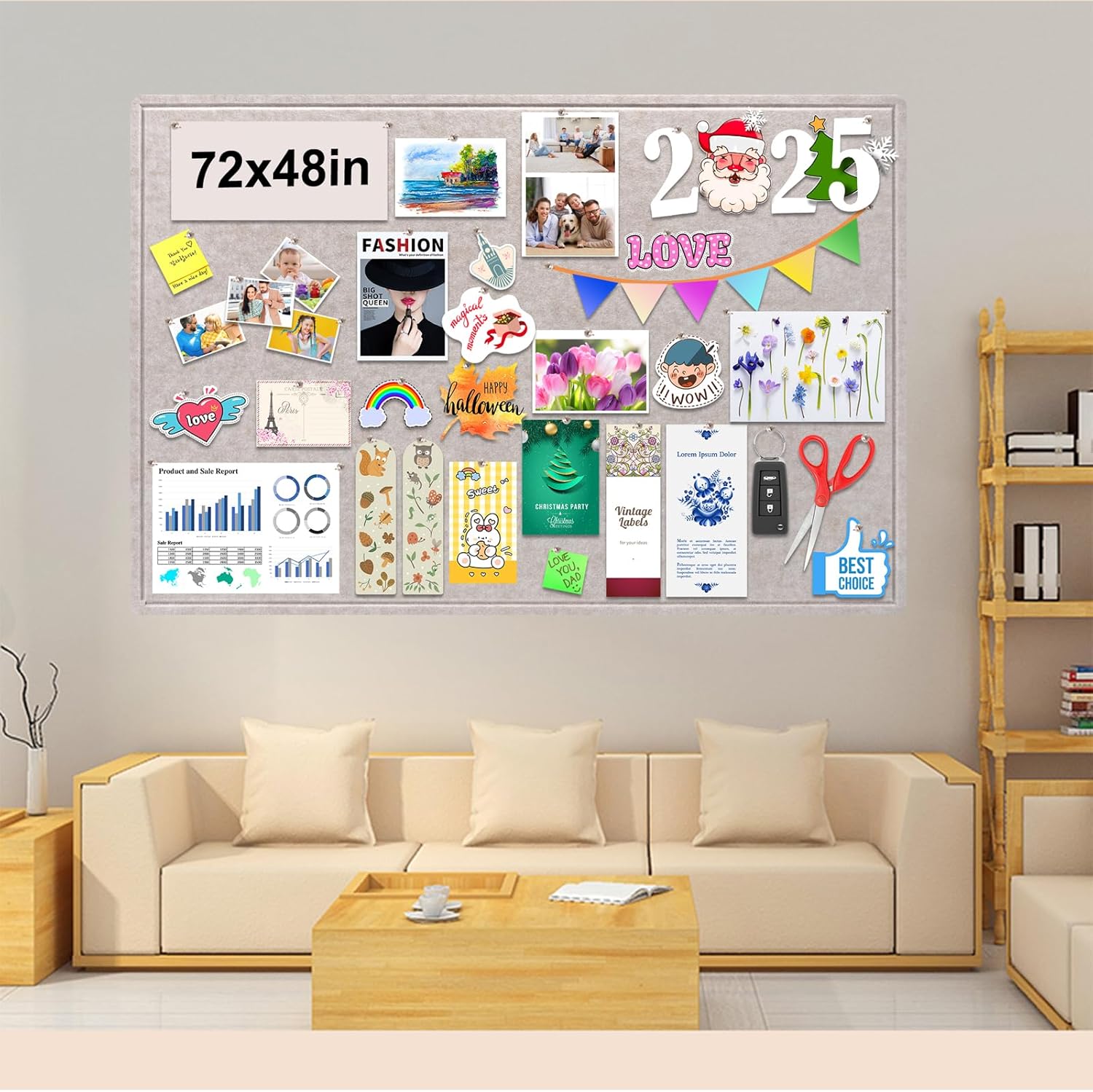 Large Bulletin Board, Foldable 72x48 Inches Cork Board Alternative, Large Felt Board Decorative Pin Board for Wall, Foldable Photo Board Self-Adhesive Vision Board with 36 Pushpins Light Khaki