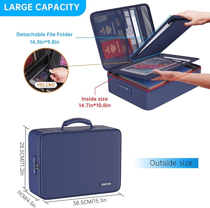 ENGPOW 5200℉ Fireproof File Organizer Bag with 13 Pocket Accordion File Folder,Document Organizer Box with Lock&Labels,Multi-Layer Portable Home Travel Safe Storage Box for Important Documents,Blue