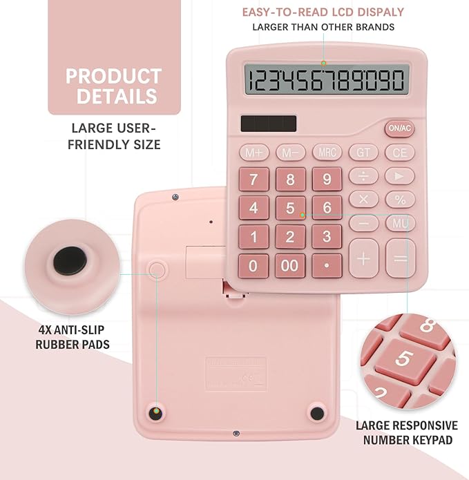Desk Calculator,Cute Caculator with Dual Power Source,Basic Calculators Desktop with 12 Digit Large LCD Display Big Buttons Simple Financial Calculator for Office Home School(Pink)