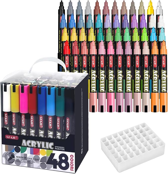SFAIH Acrylic Creative Markers Set of 48 with Organizer, 3mm Medium Tips - 48 Colors, Waterproof, Fast Drying, Gift for Kids and Adults - Art Supplies, Fabric Paint, Rock Painting, Art Markers
