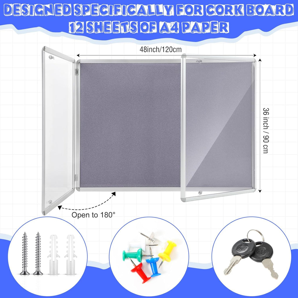 2 Pack Enclosed Bulletin Board 48"x36" Weather Resistant Lockable Enclosed Notice Cork Case Display Board Wall Mounted 2 Locking Door Aluminum Frame for Back to School Classroom, 12xA4(Gray)