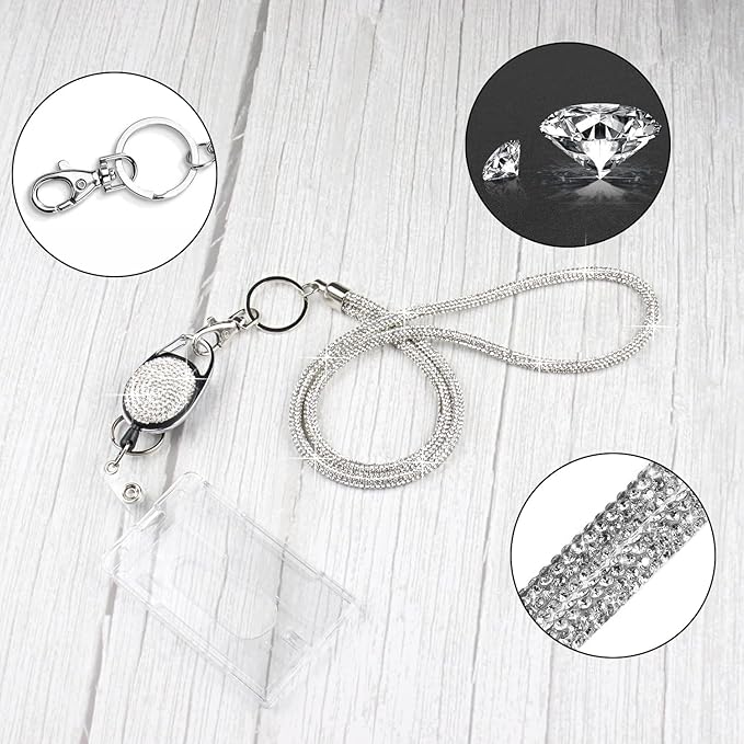 VIQWYIC Retractable ID Badge Holder with Bling Neck Strap Lanyard, Bling Badge Reel with Clear Card Holder for Office Worker Teacher Doctor (Silver)