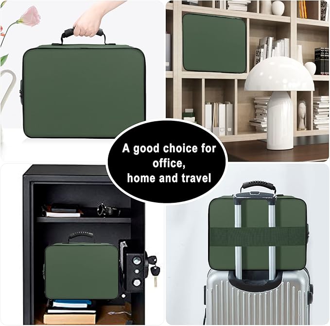 DocSafe File Organizer Bag with Lock,Fireproof Document Organizer Case with Water-Resistant Zipper,3-Layer Portable Travel Home Storage Safe Bag for Laptop,Files,Certificates,Gifts for Him,Green