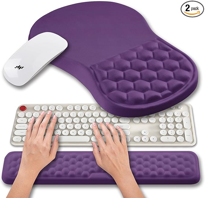 Hokafenle 2 in 1 Ergonomic Mouse Pad Wrist Support & Wrist Rest for Computer Keyboard Set, with Relieve Carpal Tunnel Pain Massage Bulge and Full Memory Gel Design (2In1 Set, Dark Purple)