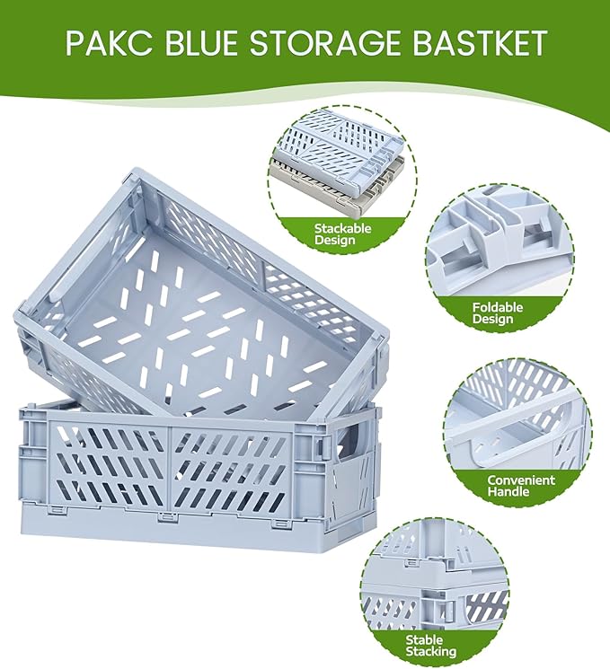 2-Pack Small Pastel Plastic Storage Baskets, Collapsible Crates for Organizing, Space-Saving Mini Bins for Classroom, Kitchen, Office, Bedroom (Blue, 9.8" x 6.5" x 3.8")