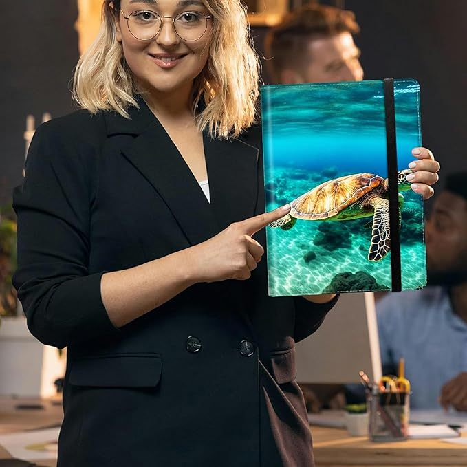 Sea Turtle PU Leather Padfolio Clipboard Notepad with Pen Loop and Elastic Strap Interview/Resume Document Organizer for Business School Office